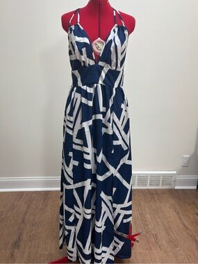SHEIN Blue and White Strappy V-Neck Maxi Dress